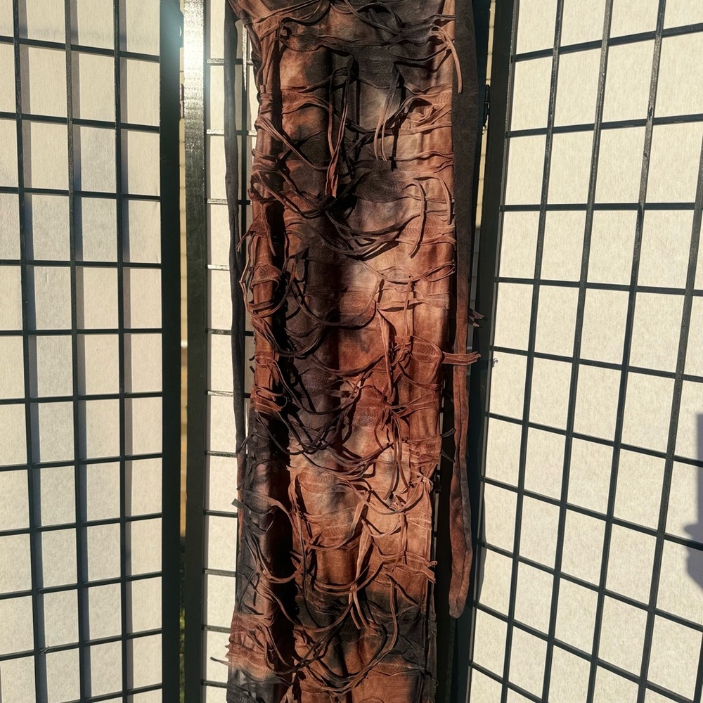 Fashion Nova Brown Distressed Fringe Maxi Dress